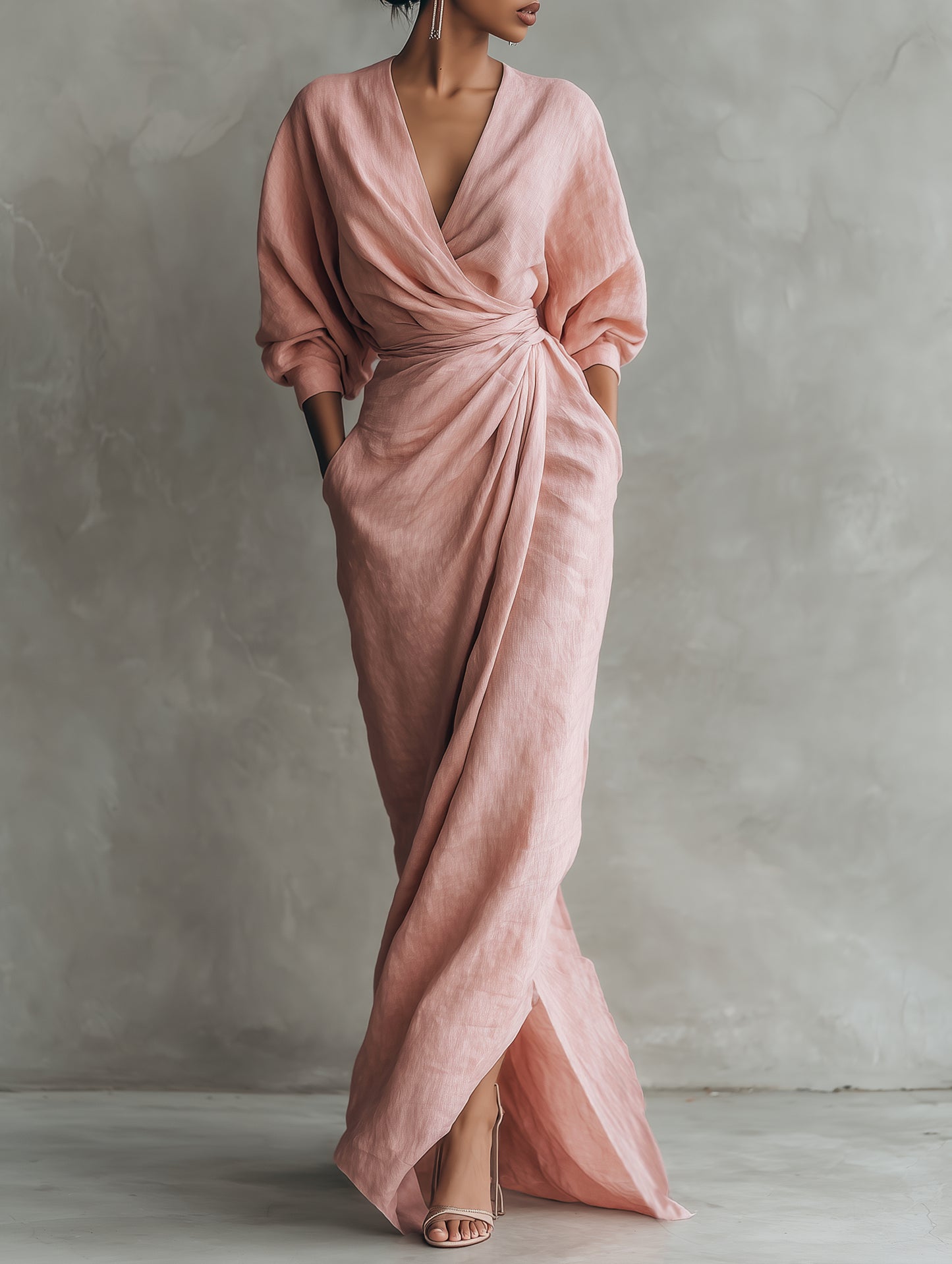 Vestido Maxi Minimalista Rosa con escote en V de lino mezclado para Muje