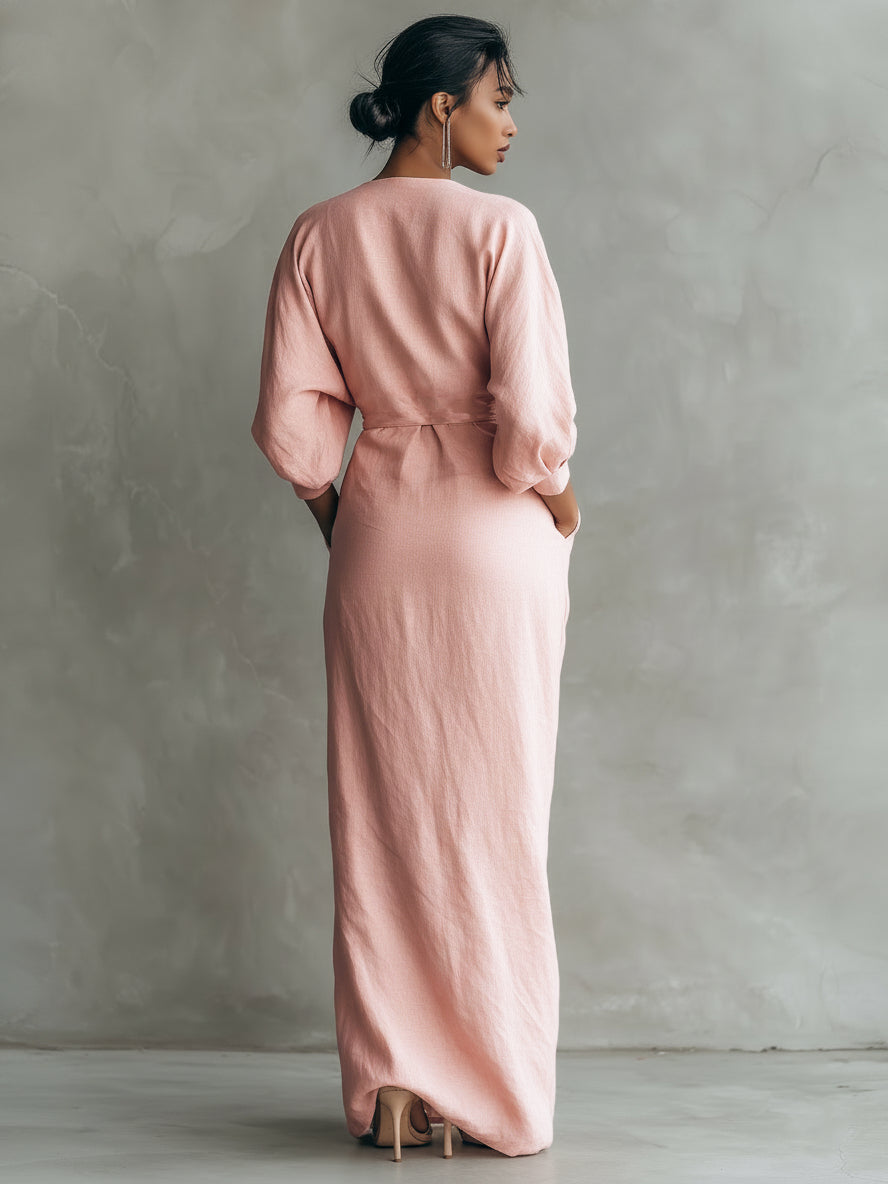 Vestido Maxi Minimalista Rosa con escote en V de lino mezclado para Muje