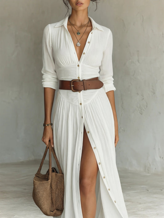 Robe Maxi Larga con Cuello Tipo Blazer y Mangas Largas de Lino para Mujer