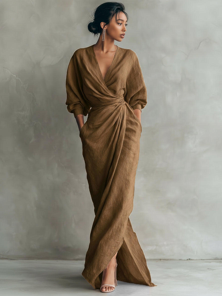 Vestido Maxi Minimalista Rosa con escote en V de lino mezclado para Muje