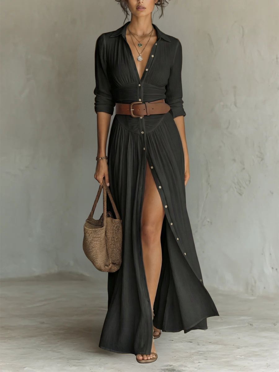 Robe Maxi Larga con Cuello Tipo Blazer y Mangas Largas de Lino para Mujer