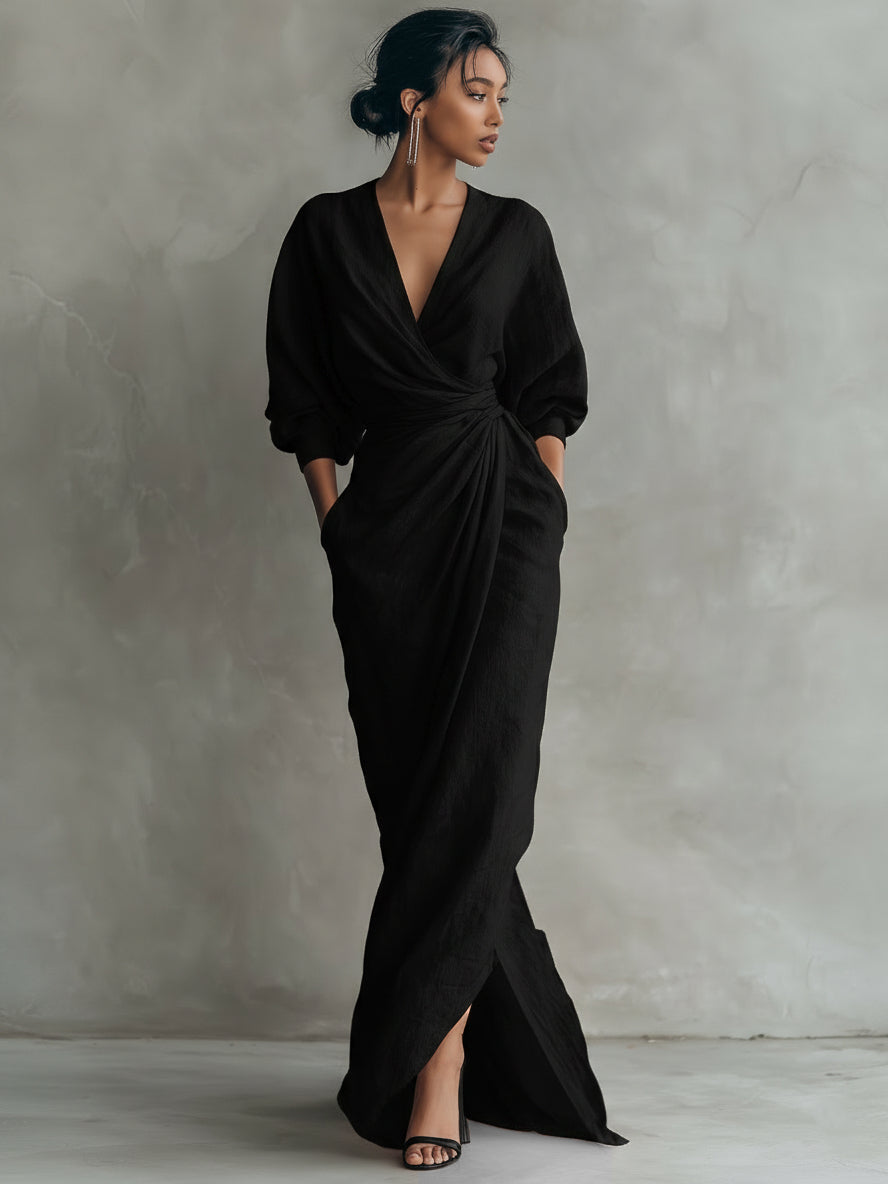 Vestido Maxi Minimalista Rosa con escote en V de lino mezclado para Muje