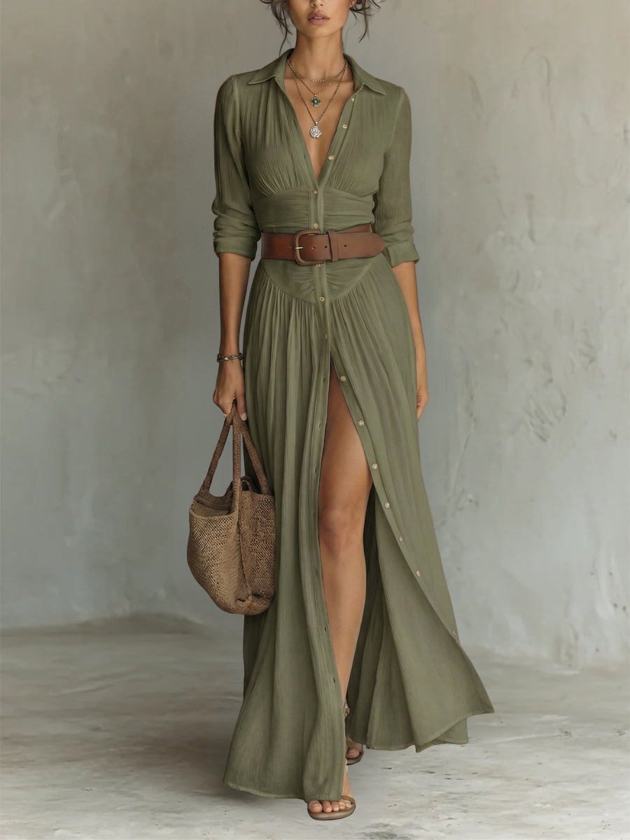 Robe Maxi Larga con Cuello Tipo Blazer y Mangas Largas de Lino para Mujer