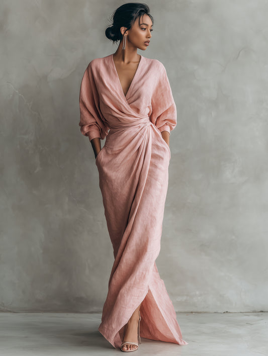 Vestido Maxi Minimalista Rosa con escote en V de lino mezclado para Muje