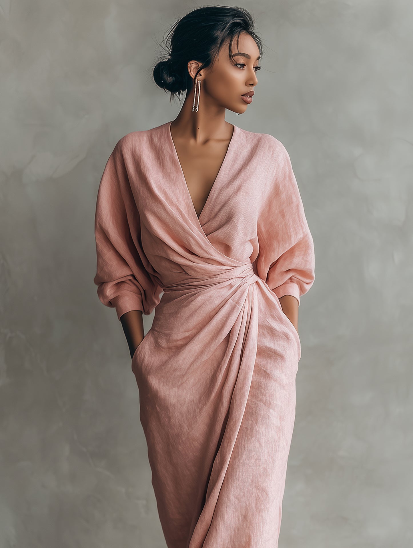 Vestido Maxi Minimalista Rosa con escote en V de lino mezclado para Muje