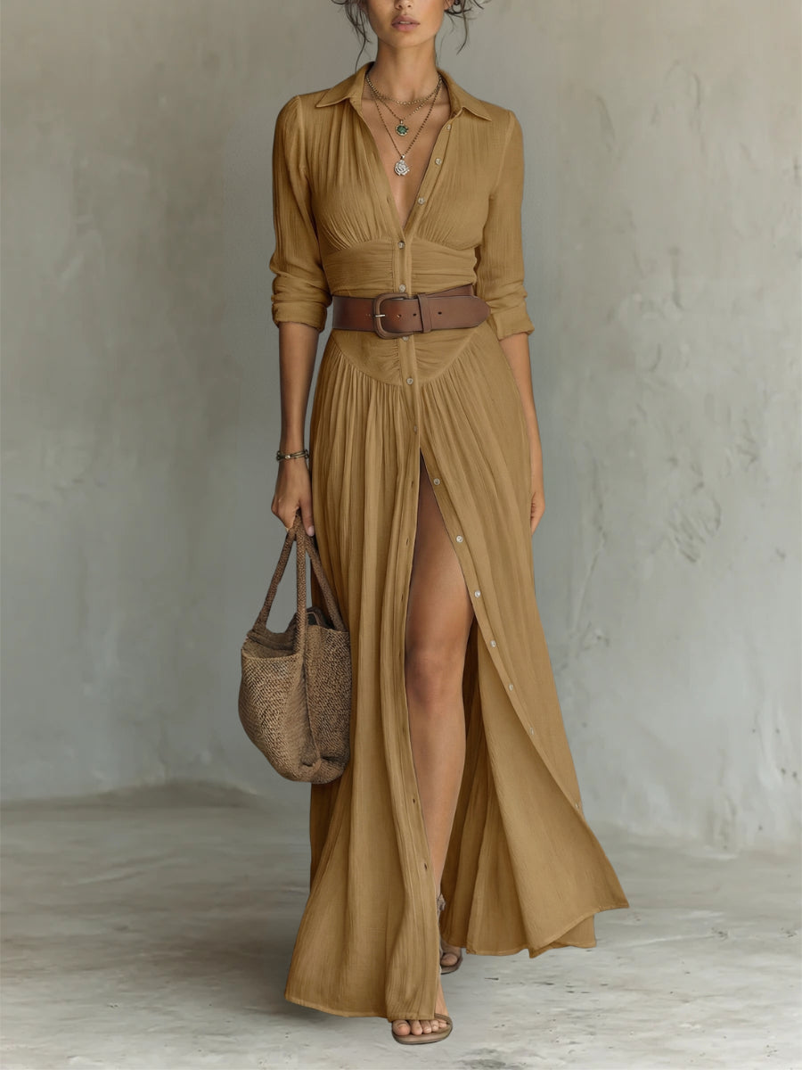Robe Maxi Larga con Cuello Tipo Blazer y Mangas Largas de Lino para Mujer