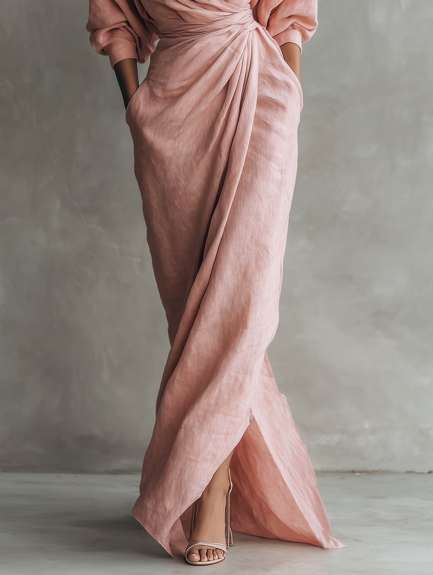 Vestido Maxi Minimalista Rosa con escote en V de lino mezclado para Muje